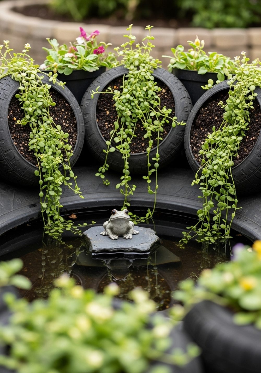 Tire Frog Pond Corner With Built-In Plant Pockets
