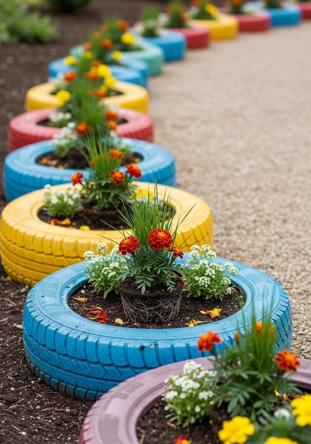 Tire Planter Border Along A Garden Path