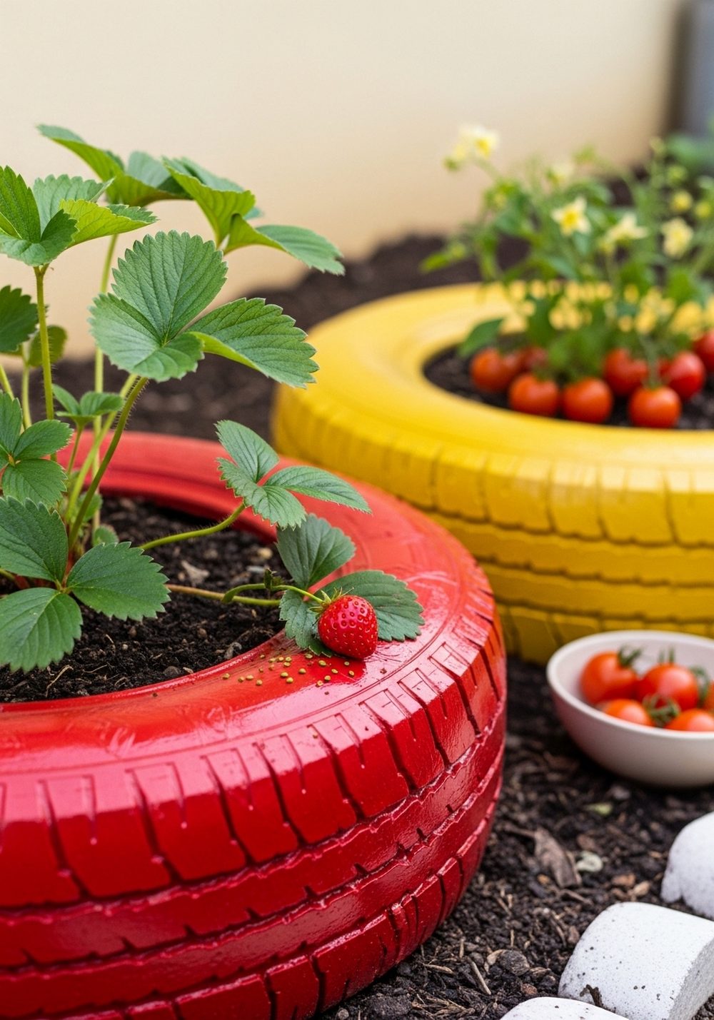Tire Planter “Snack Garden” With Strawberries