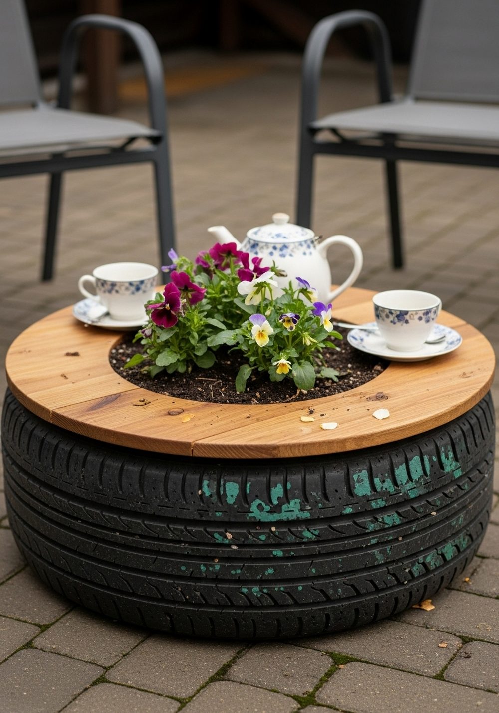 Tire Planter Table With Flowers In The Center
