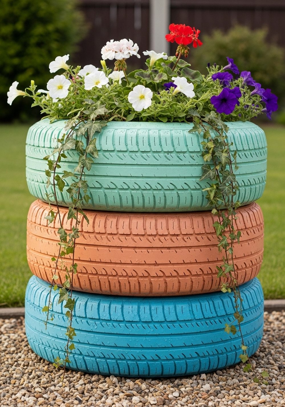 Tire Planters With Bright Summer Blooms