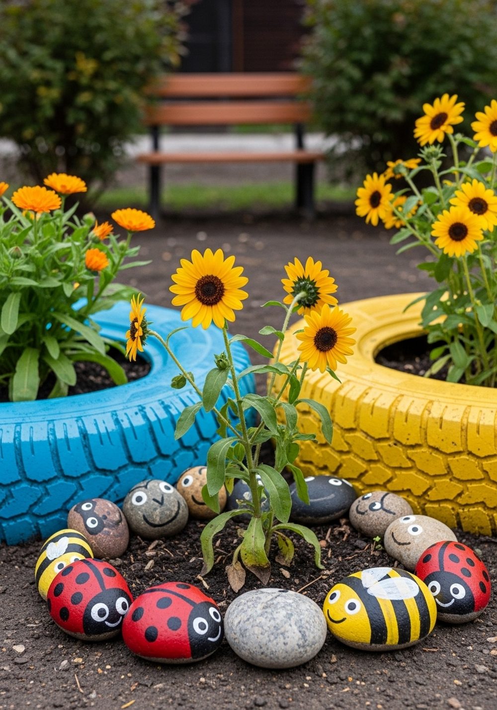 Tire Planters With Ladybug Rock Border