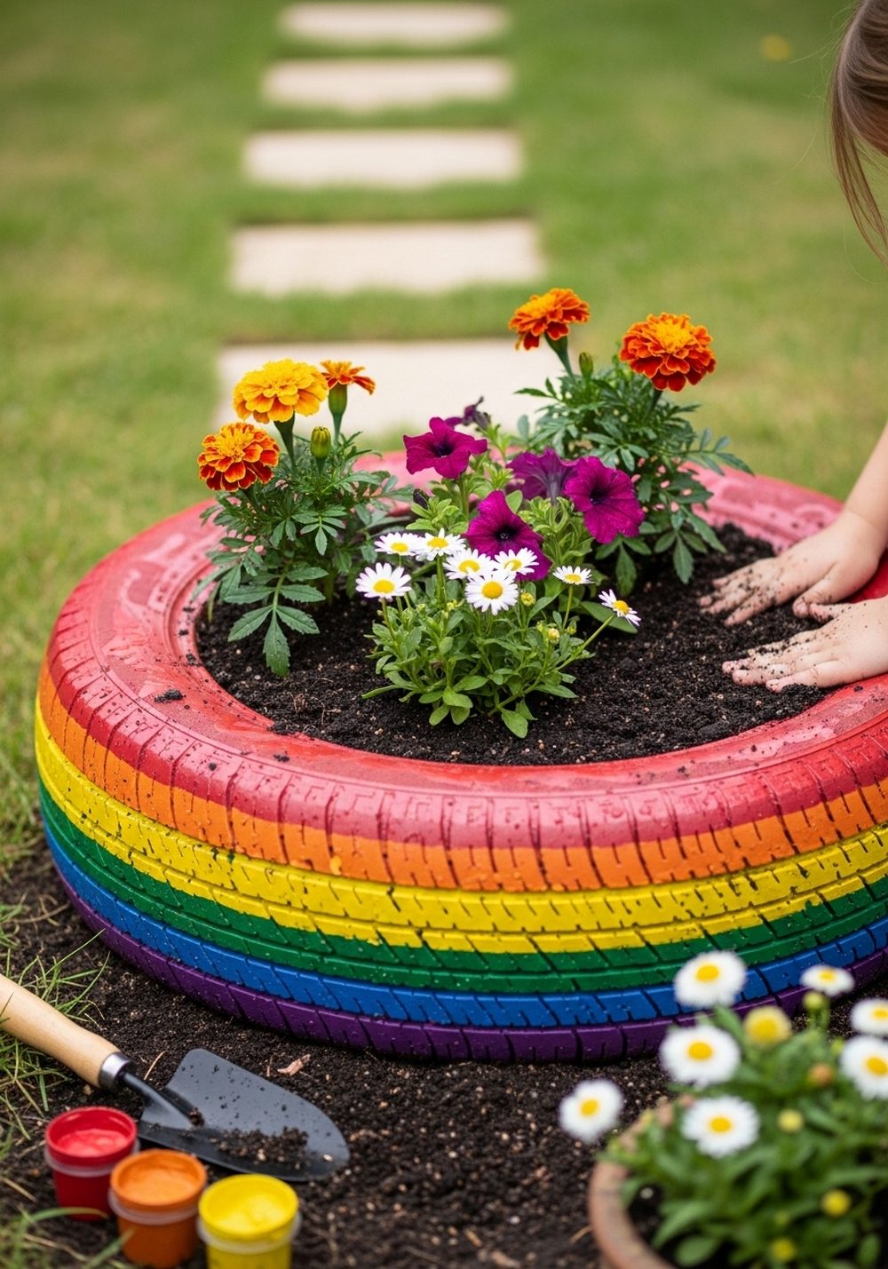 Turn A Tire Into A Rainbow Flower Planter