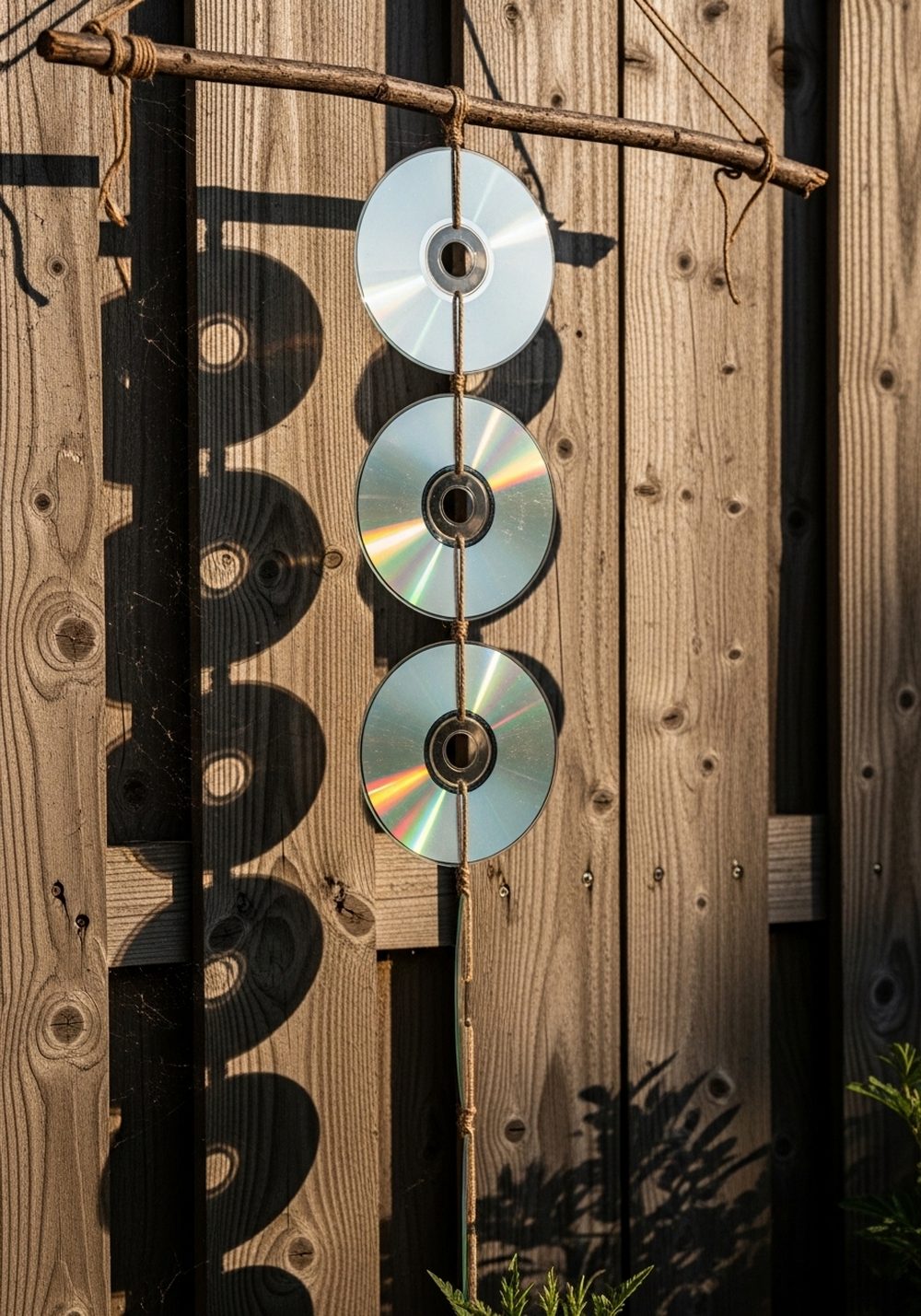 Upcycled CD Mobile On A Garden Fence