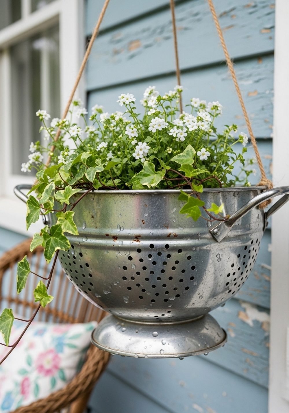 Use A Galvanized Colander Planter On The Cottage Porch