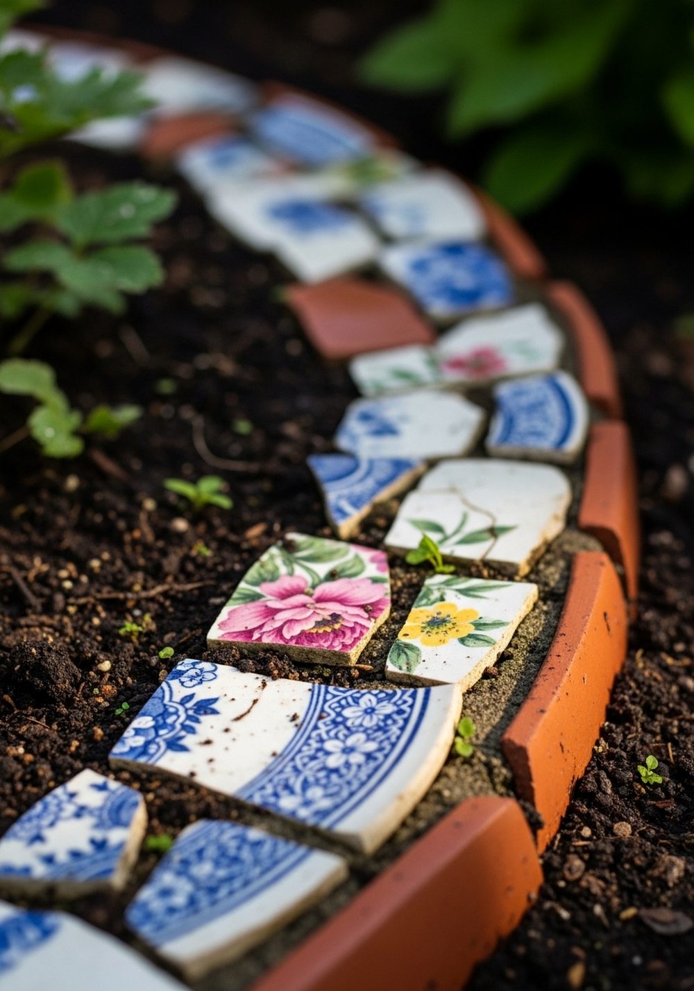 Use Broken Pots And China For Mosaic Edging