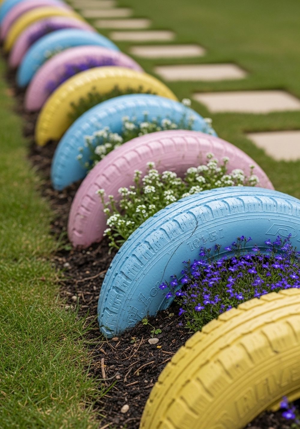 Use Half-Tires As Colorful Garden Borders