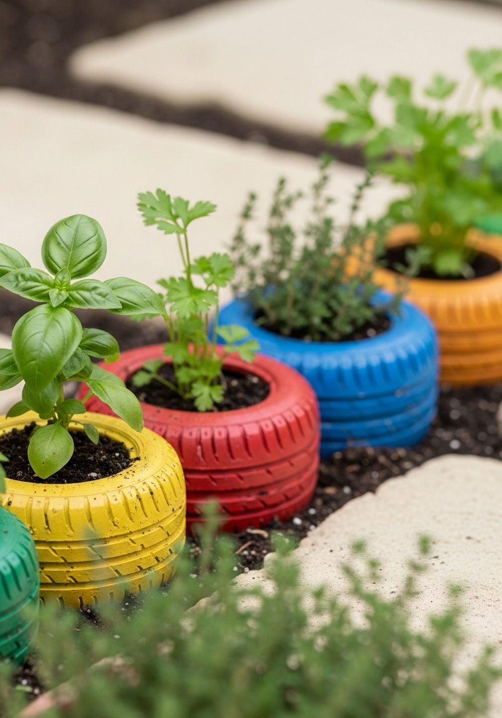 Use Mini Rainbow Tire Rings As A Herb Border