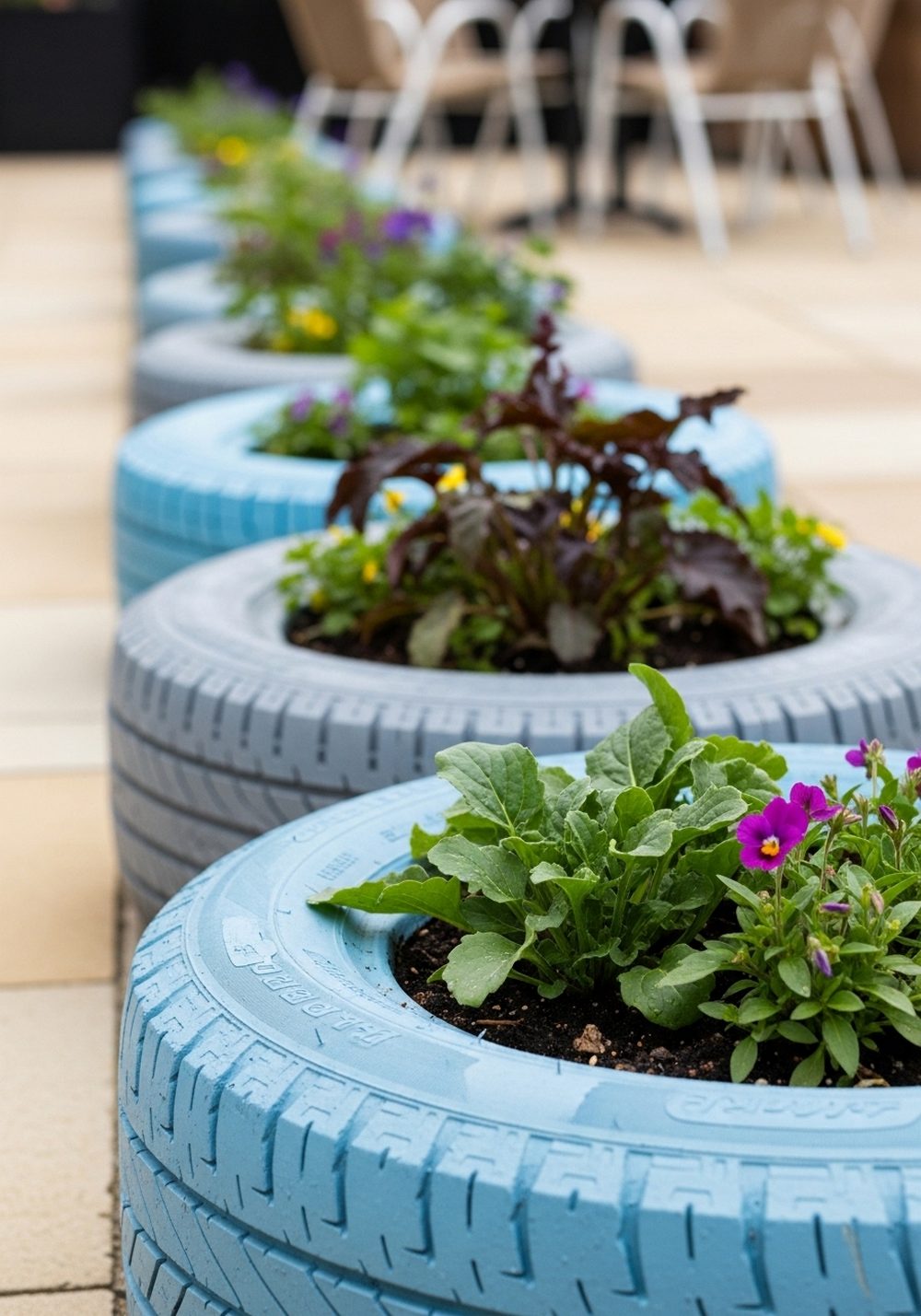 Use Tire Planters To Edge A Small Patio
