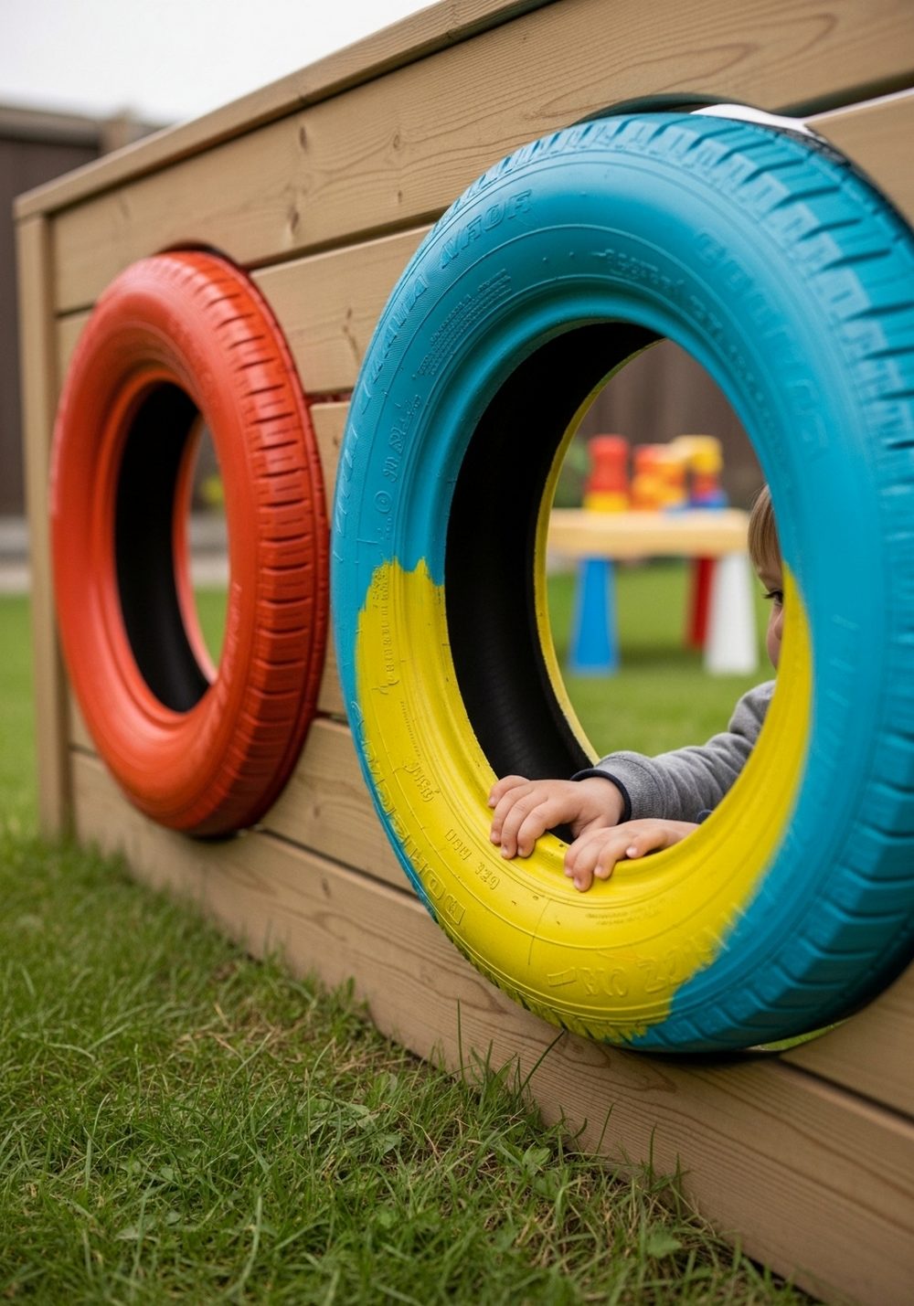 Vertical Tire “Window” Wall For Pretend Play