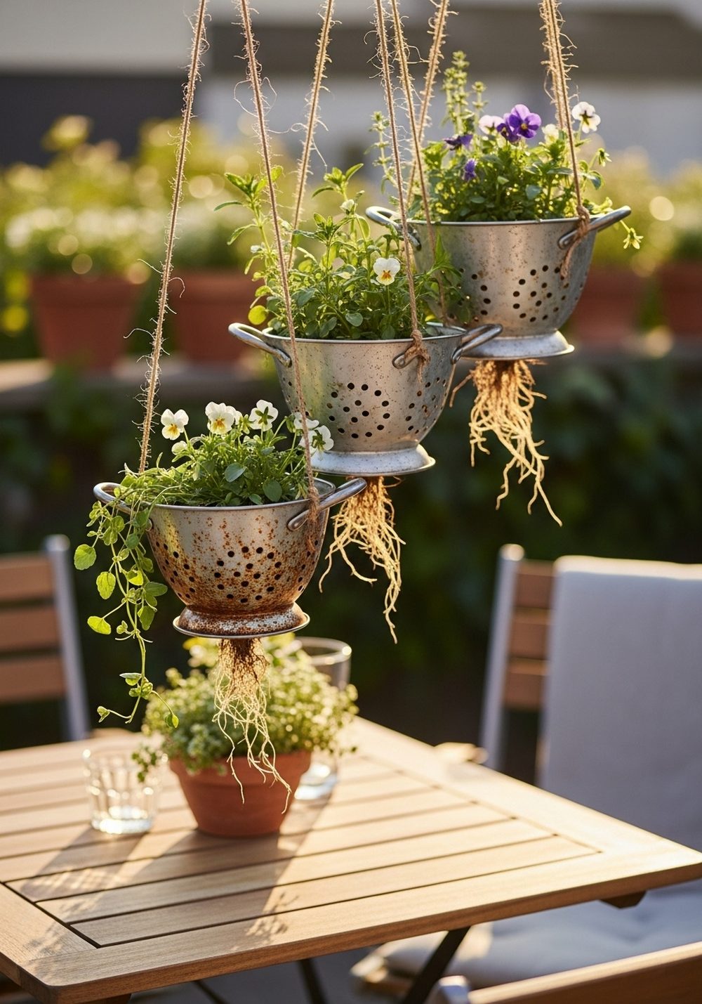 Vintage Colander Cluster Above The Patio Table