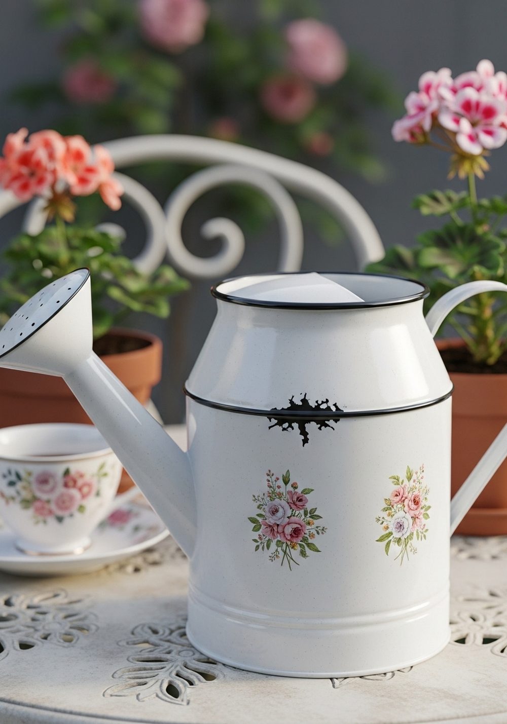 Vintage Enamel-Style Painted Milk Jug With Floral Decals