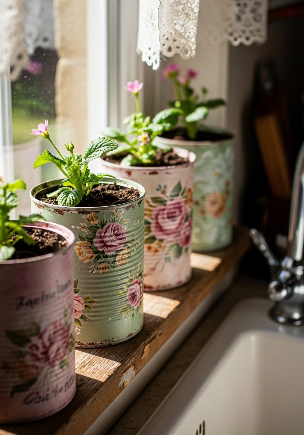 Vintage Floral Tin Cans On The Kitchen Windowsill