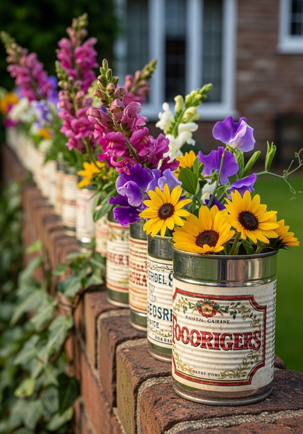 Vintage Label Tin Can Flower Row