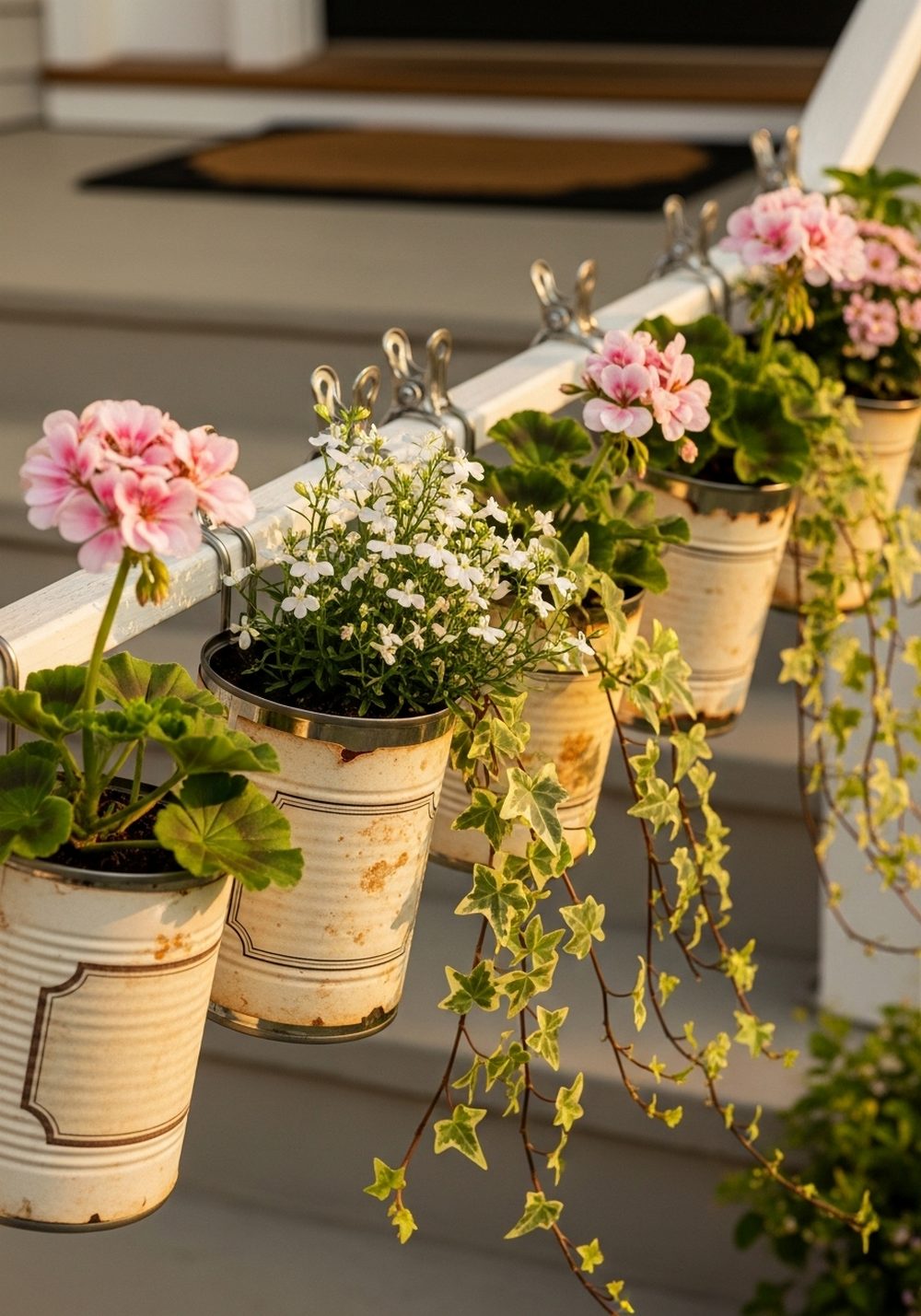 Vintage Label Tin Can Porch Rail Planters