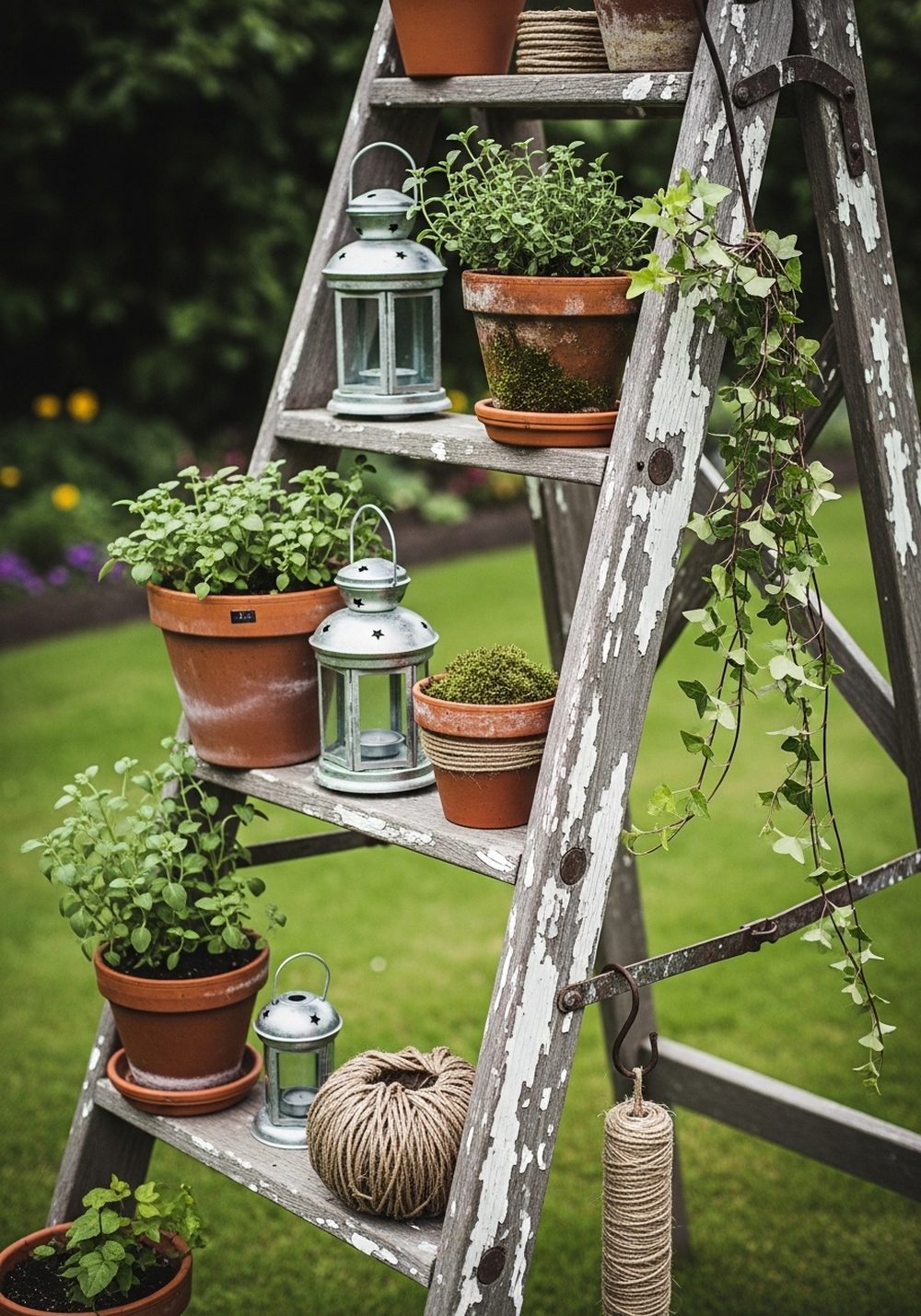 Vintage Ladder Turned Tiered Plant Stand