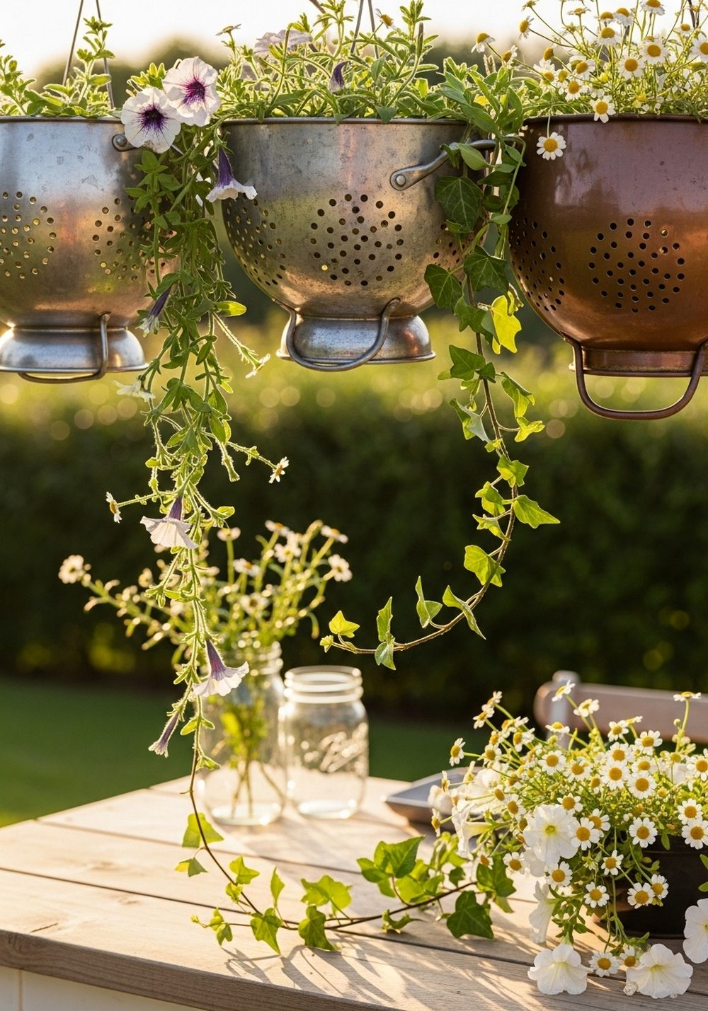 Vintage Metal Colander Flower Trio Over The Patio Table