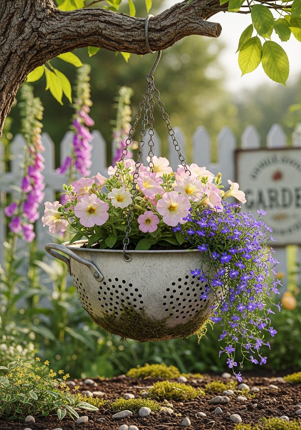 Vintage Metal Colander Petunia Cloud