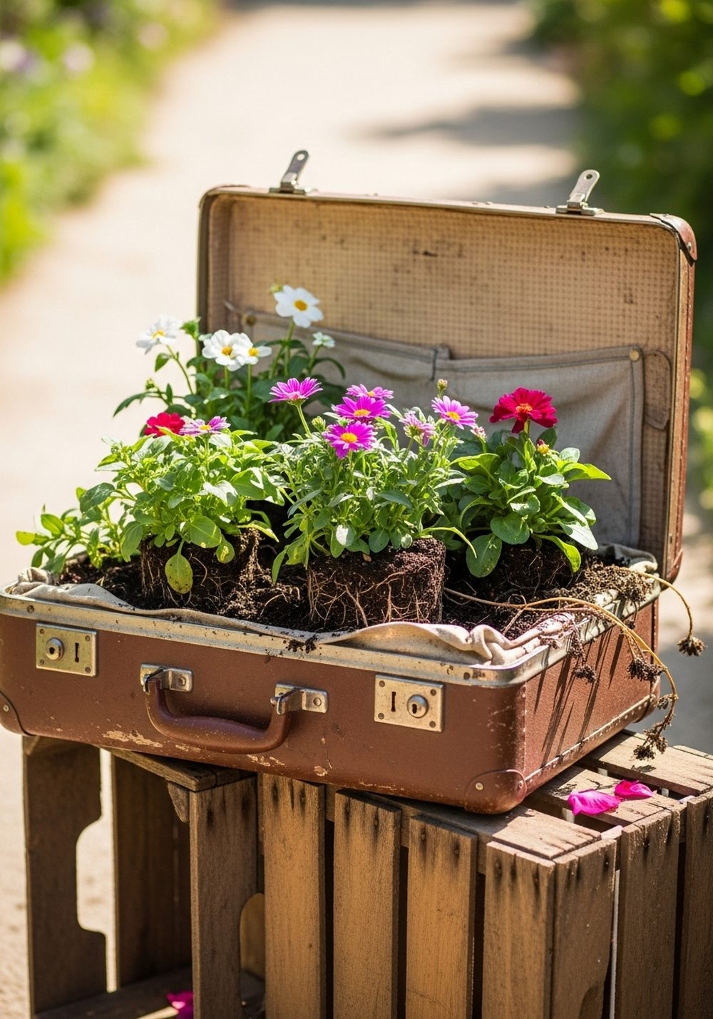 Vintage Suitcase Overflowing Flower Bed