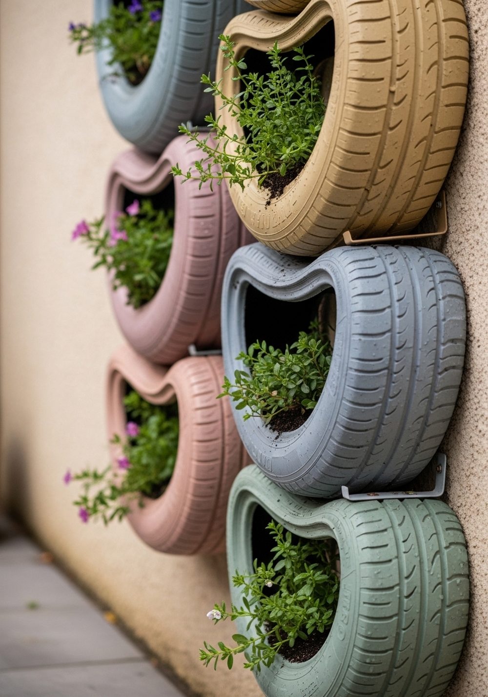 Wall-Leaning Half Tire Stack Planters