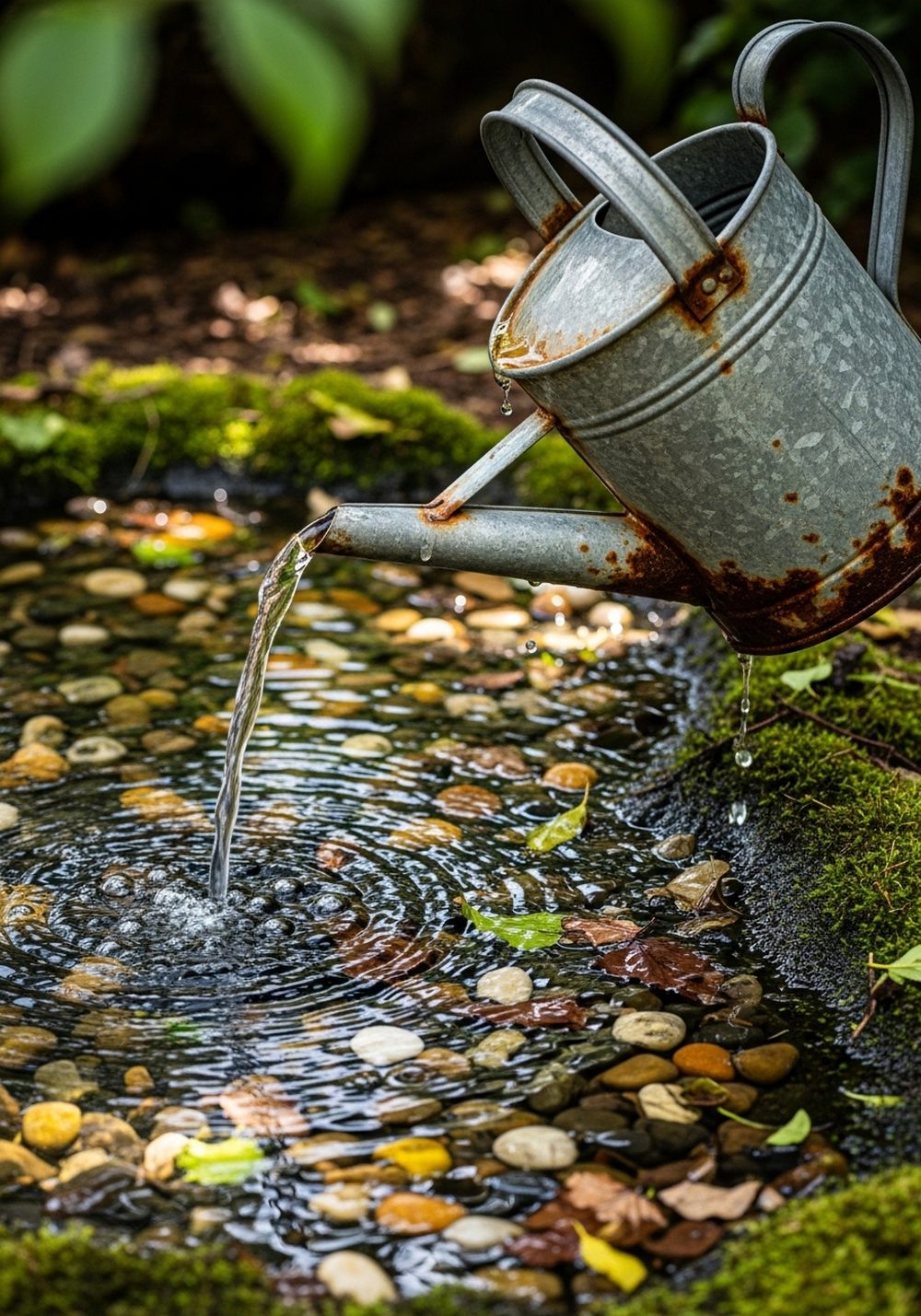 Weathered Watering Can Fountain Feature