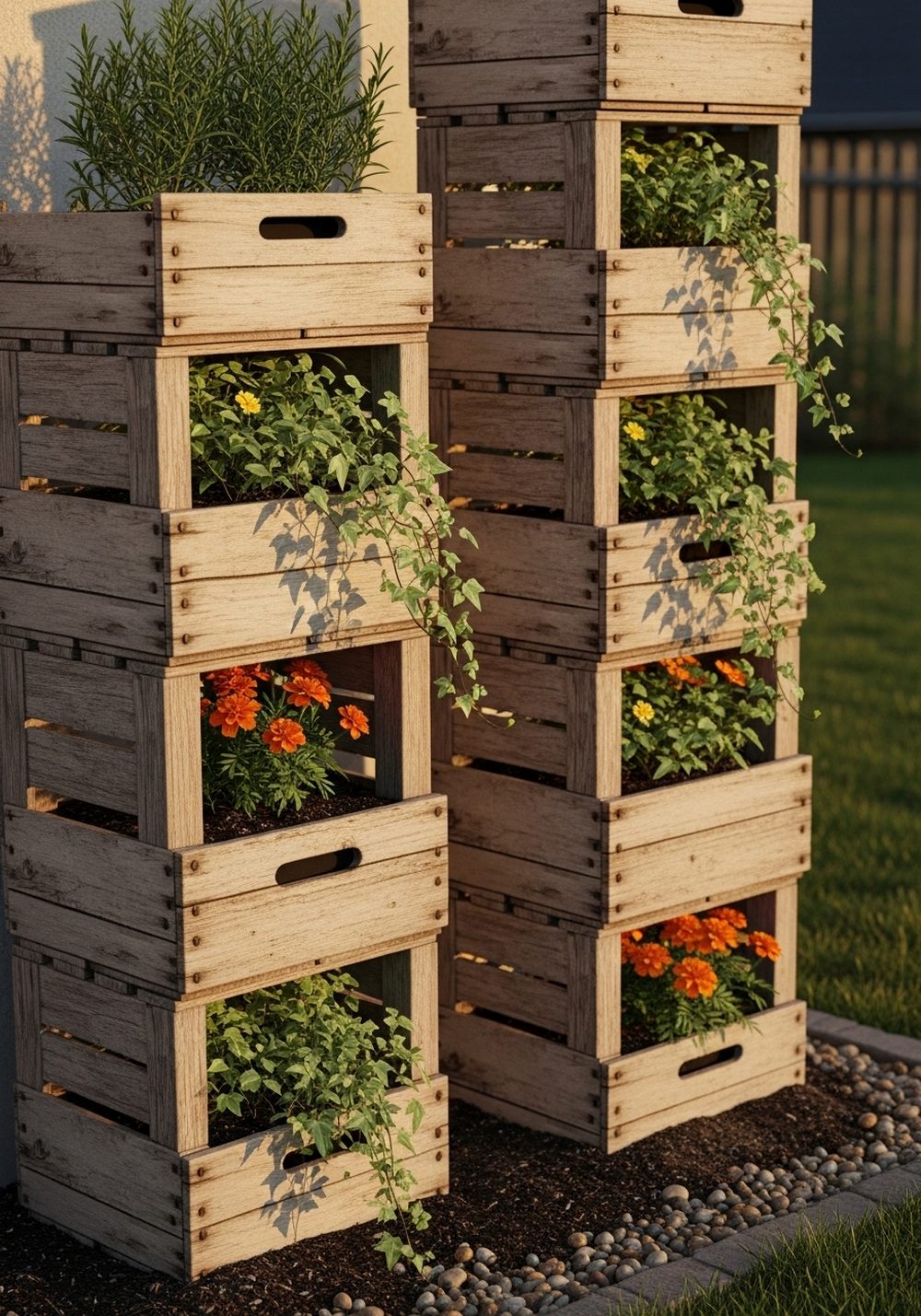 Weathered Wooden Crate Planter Towers