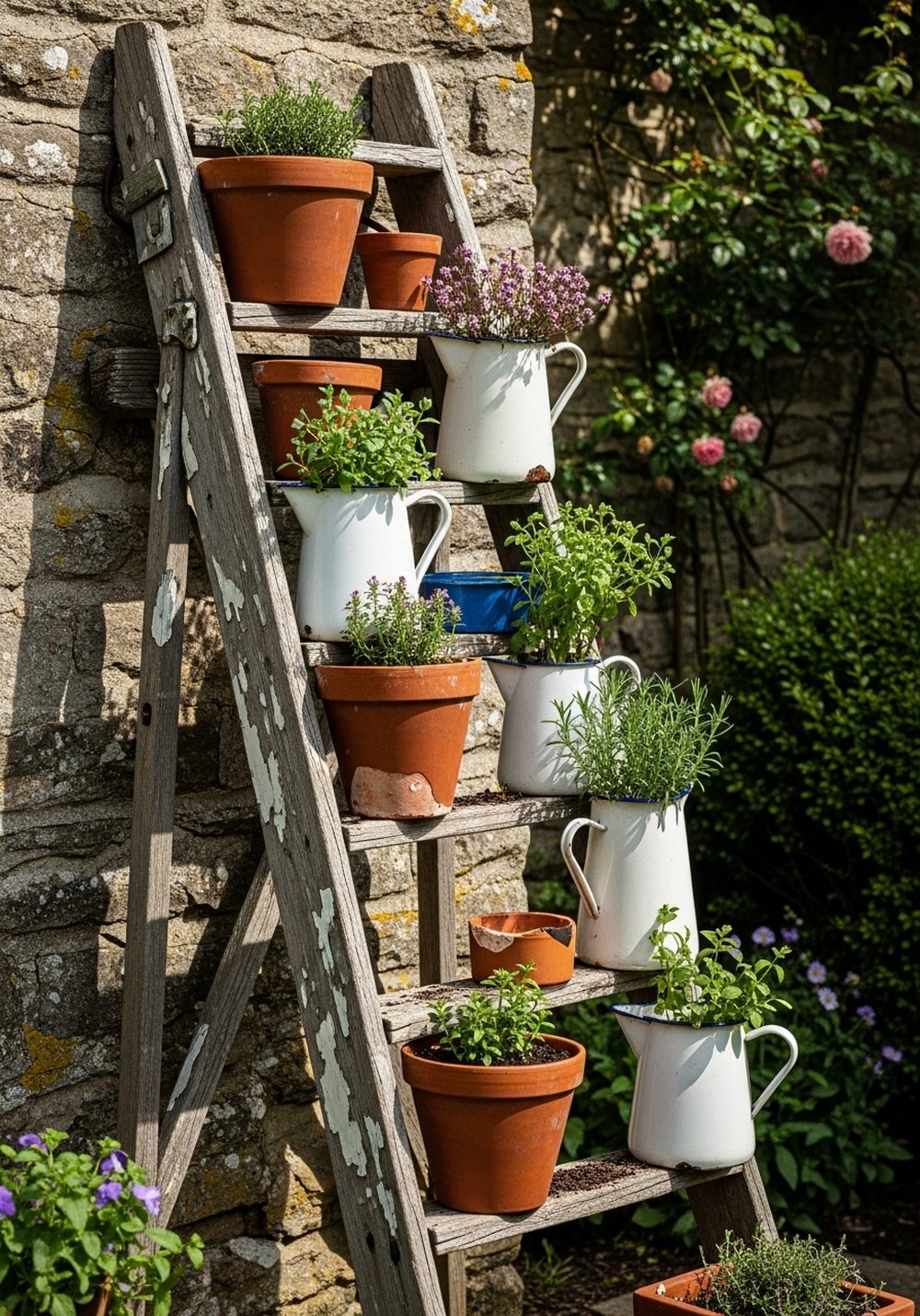 Weathered Wooden Ladder Plant Stand
