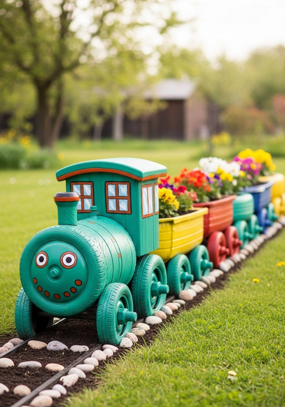 Whimsical Tire Train Planter