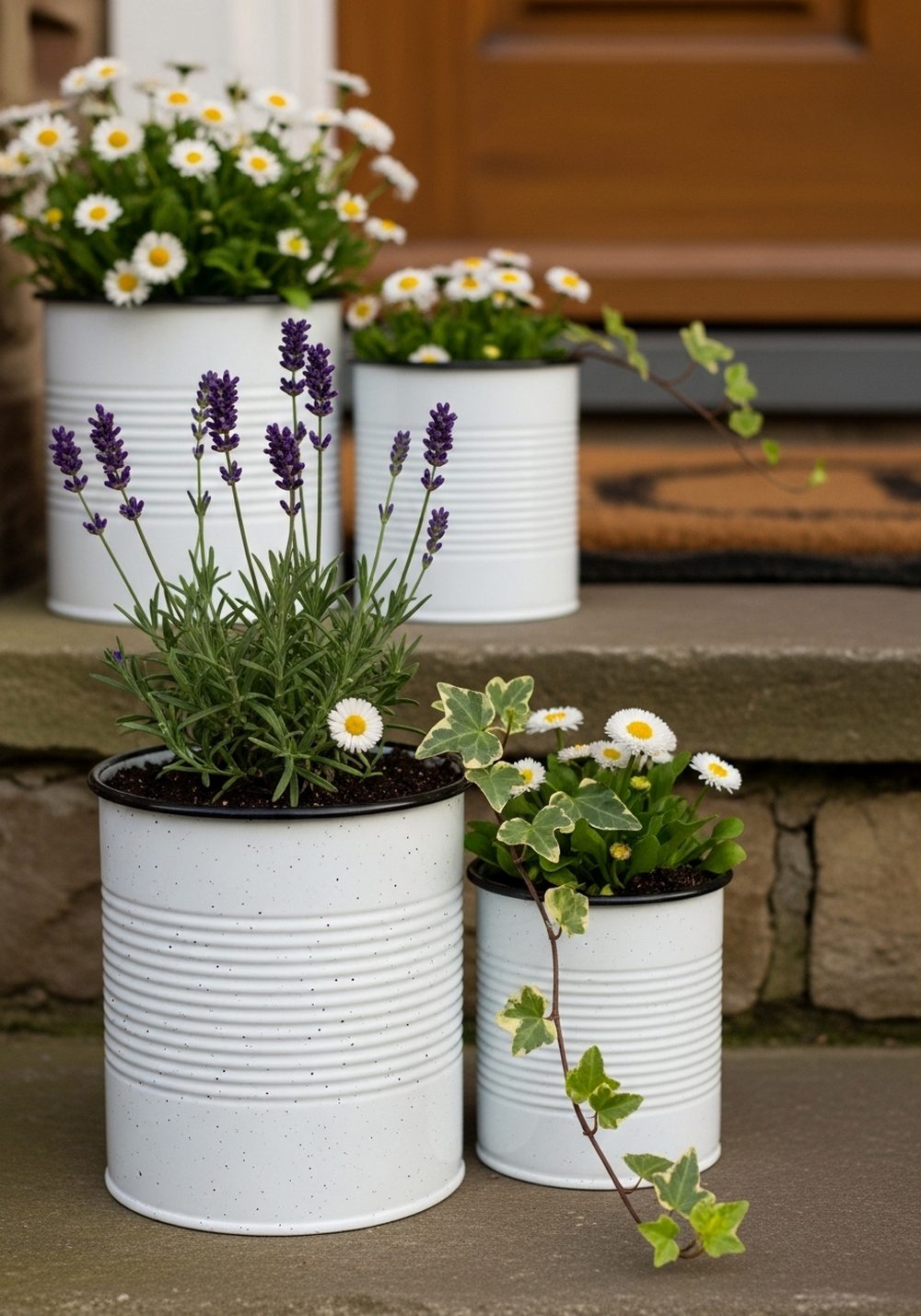 White Enamel-Style Tin Cans On The Front Steps