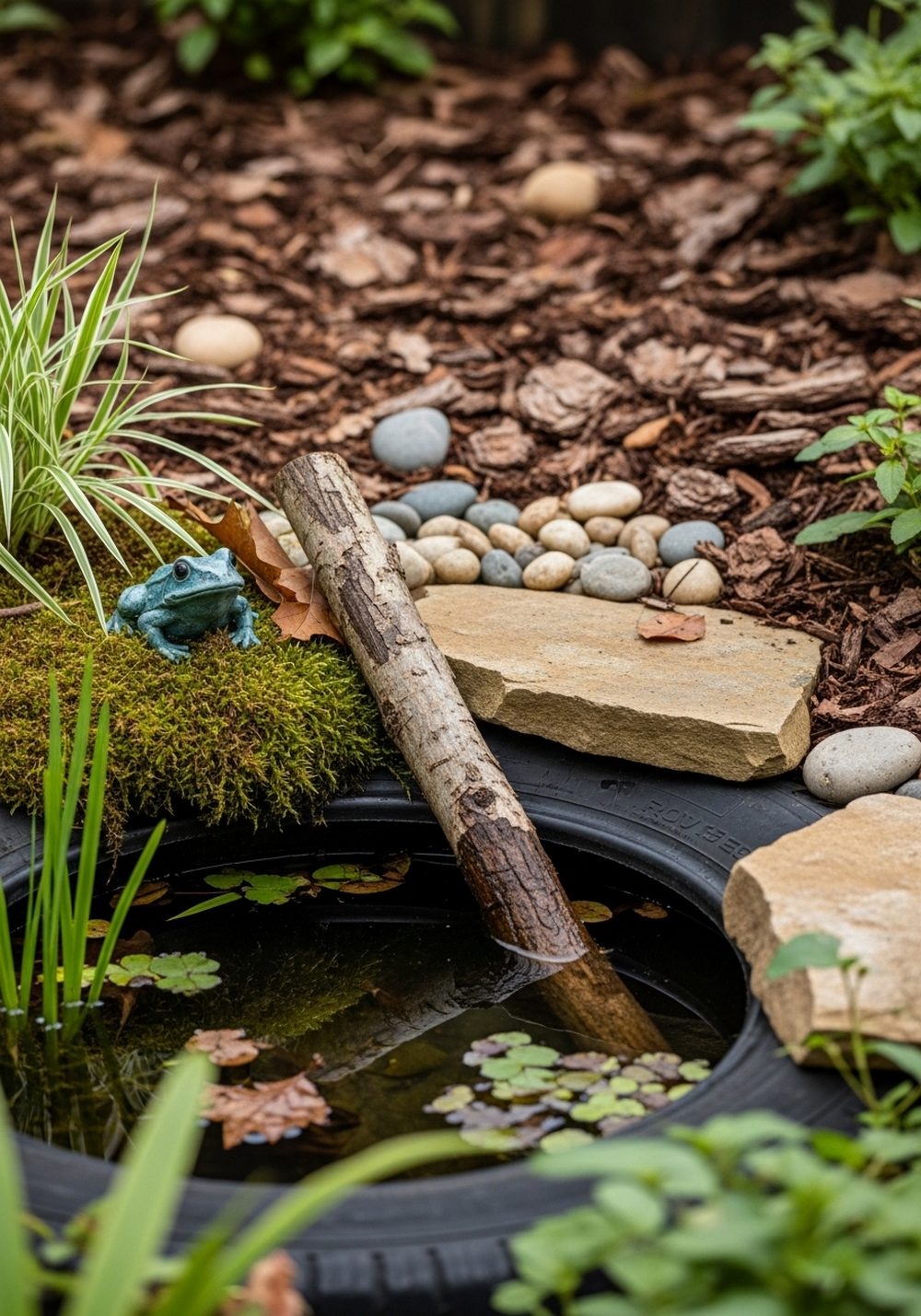 Wildlife-Friendly Tire Frog Pond With Logs And Stones