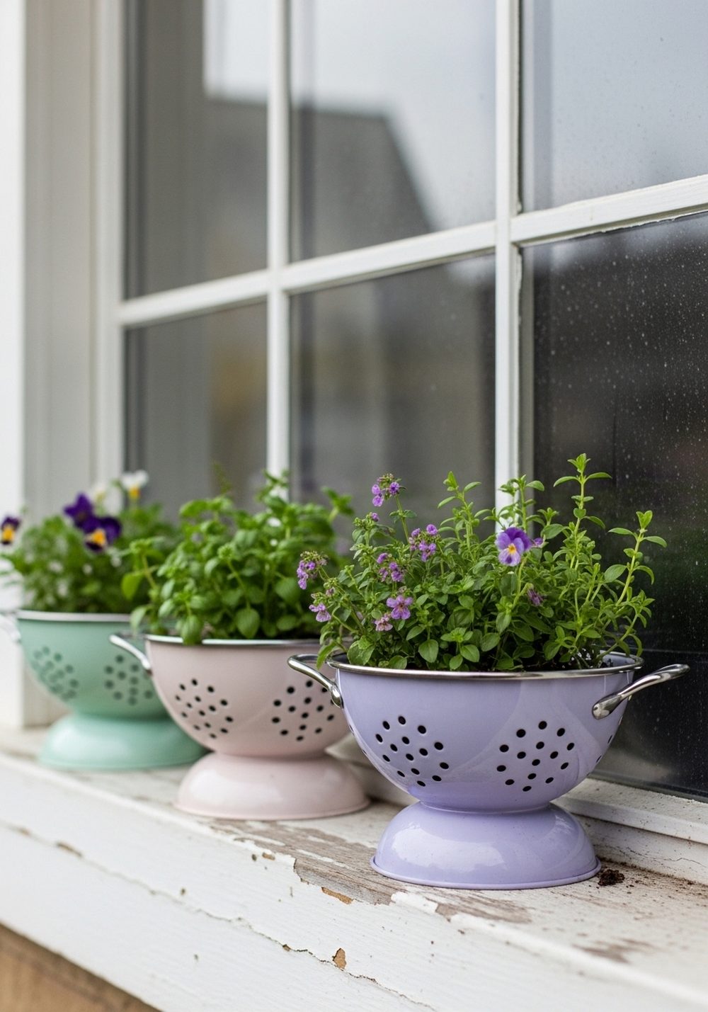 Window Sill Row Of Colander Planters