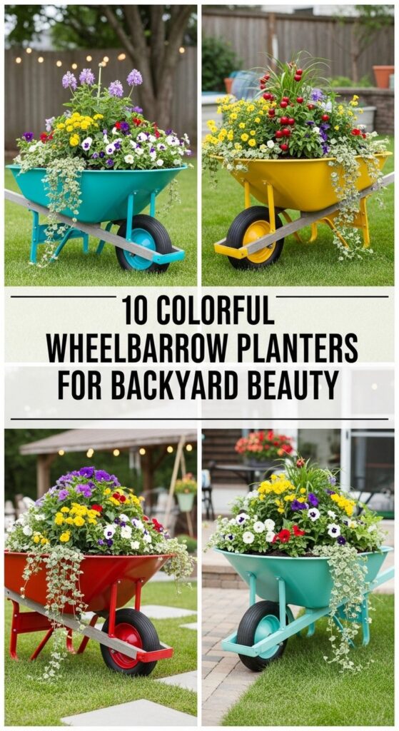 Colorful Wheelbarrow Planters for Backyard Beauty