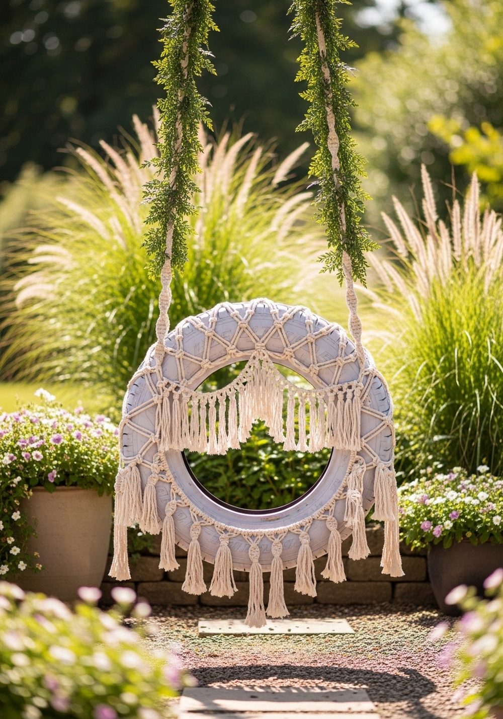 Boho Macramé-Wrapped Tire Swing