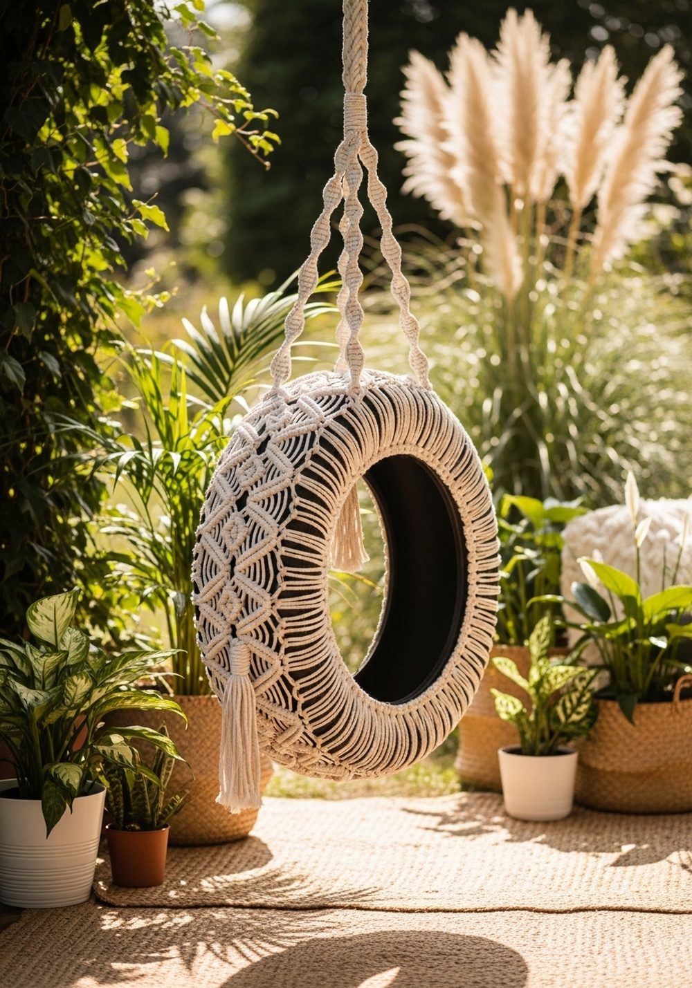 Boho Macrame-Wrapped Tire Swing