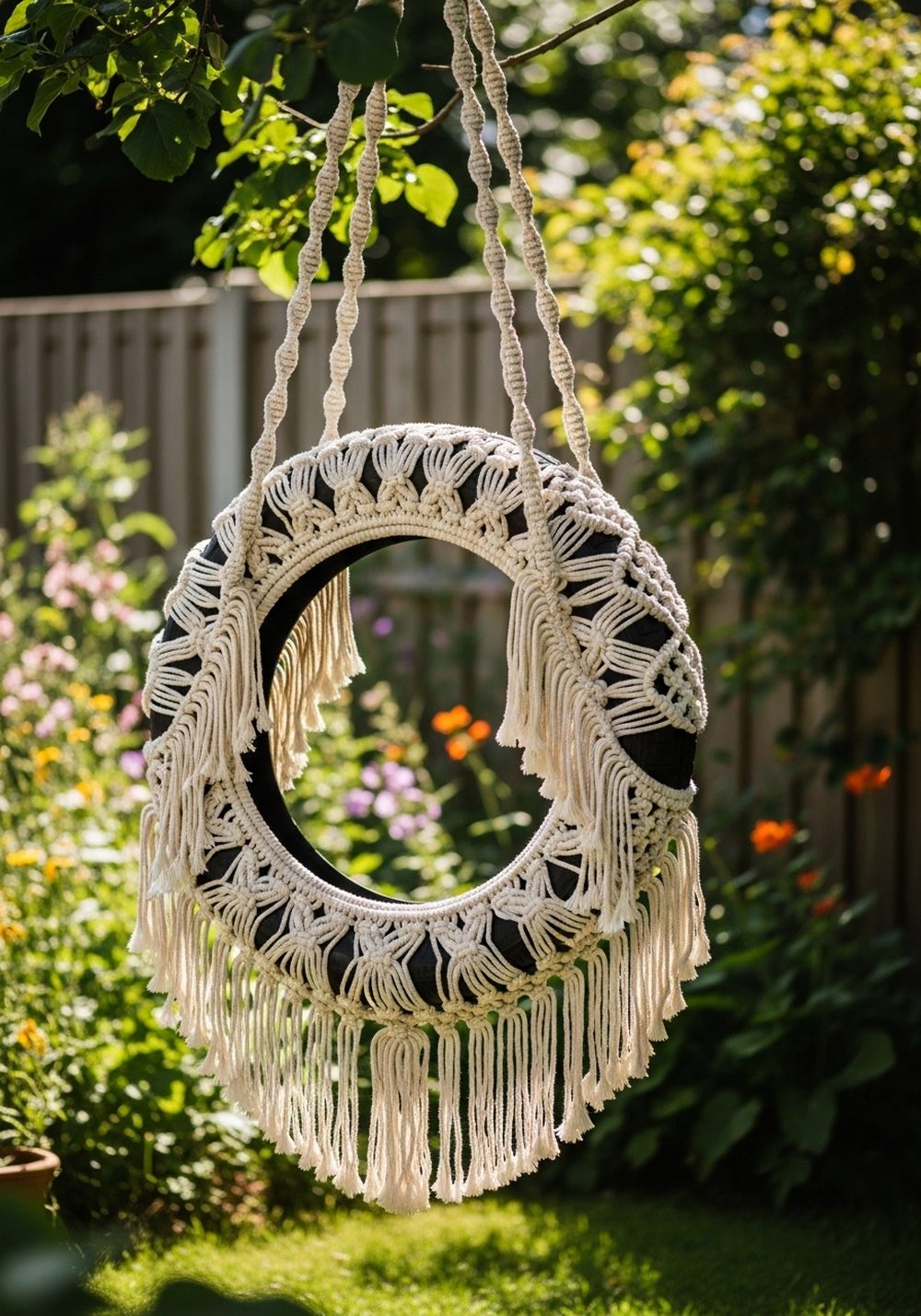 Boho Macramé-Wrapped Tire Swing