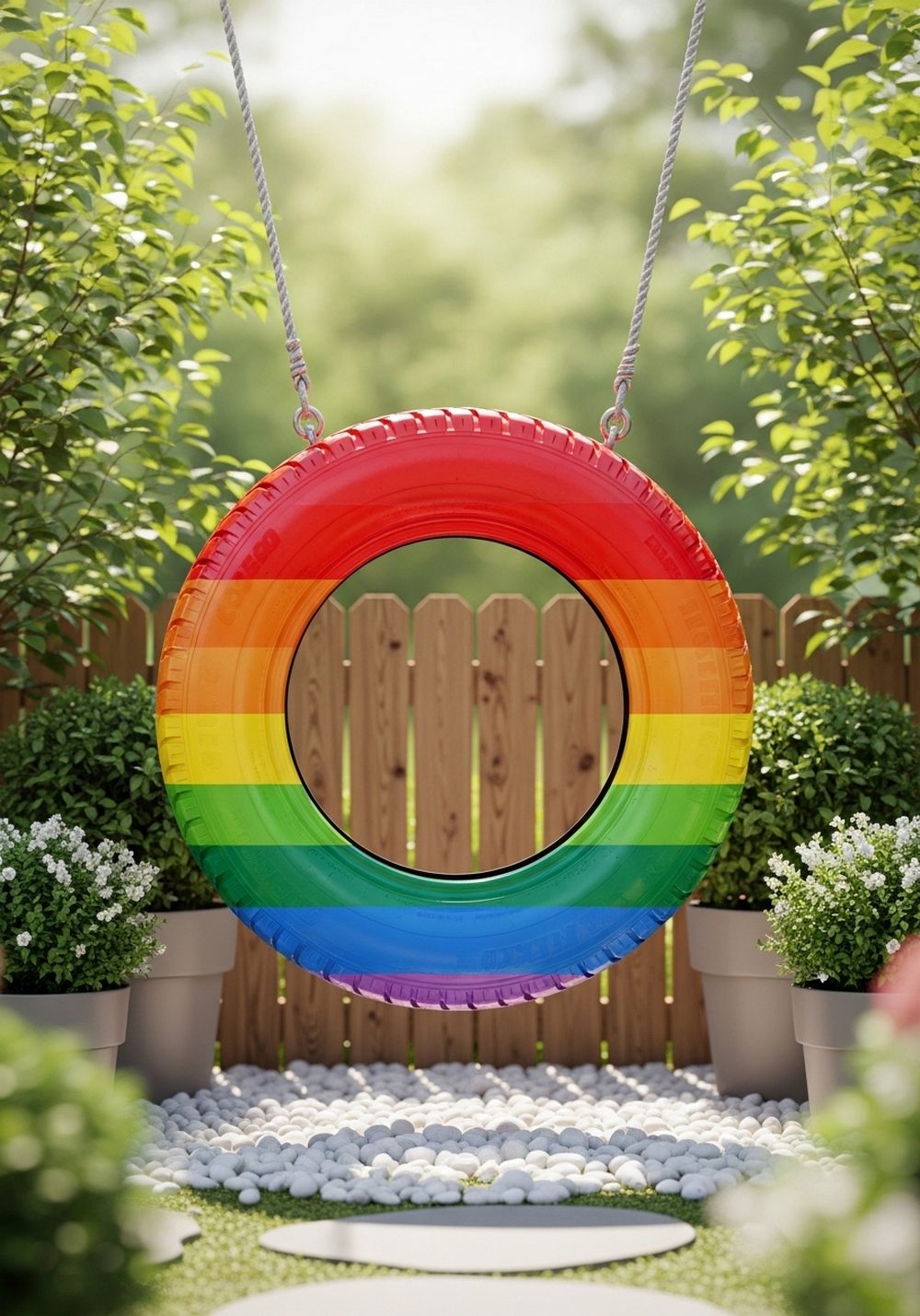 Bright Rainbow Tire Swing Over Pebble Ground