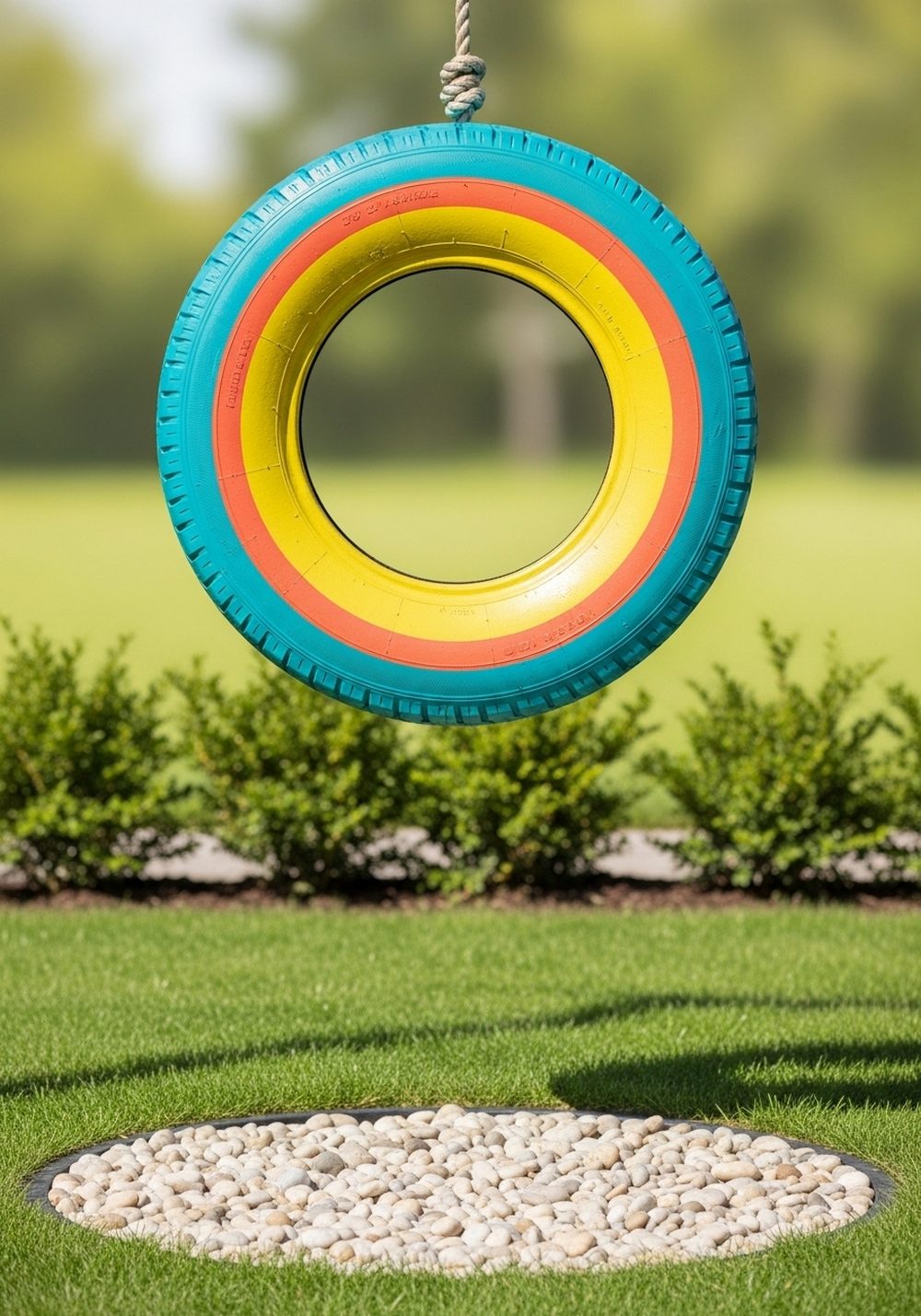 Bright Striped Tire Swing Over a Pebble Pad