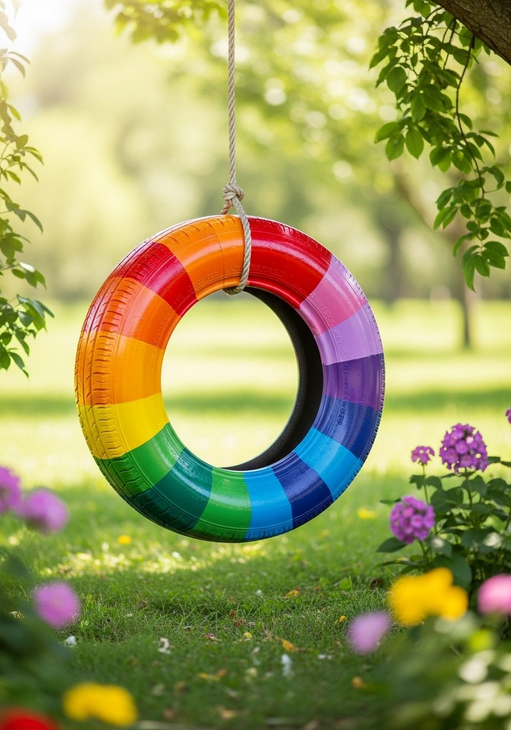 Brightly Painted Rainbow Tire Swing