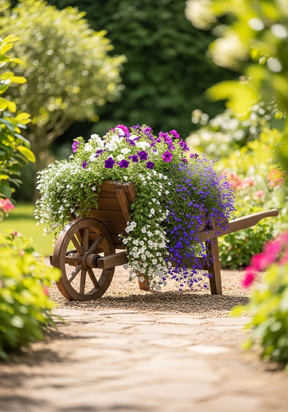 Cascading Flower Wheelbarrow At The Garden Entrance