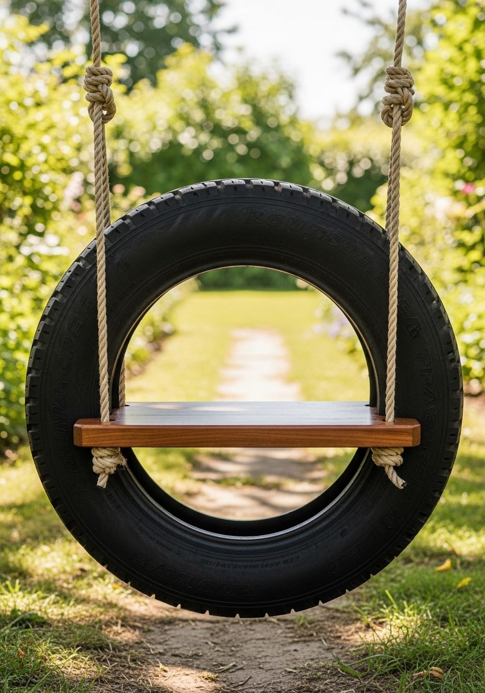 Classic Black Tire Swing With Wooden Seat Insert