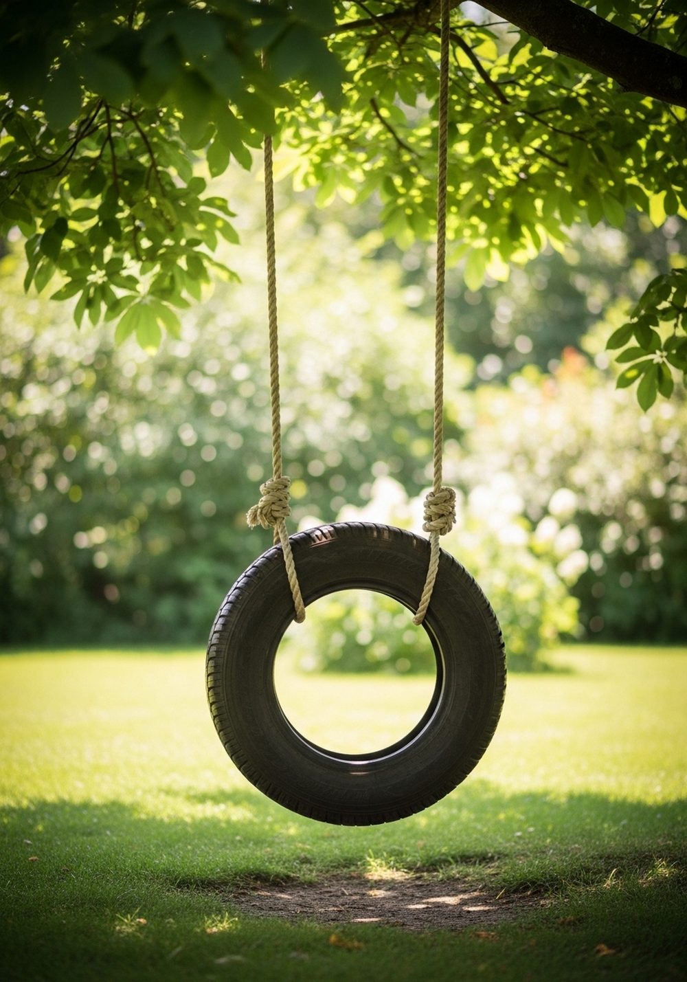 Classic Rope-Hung Tire Swing Under The Old Tree