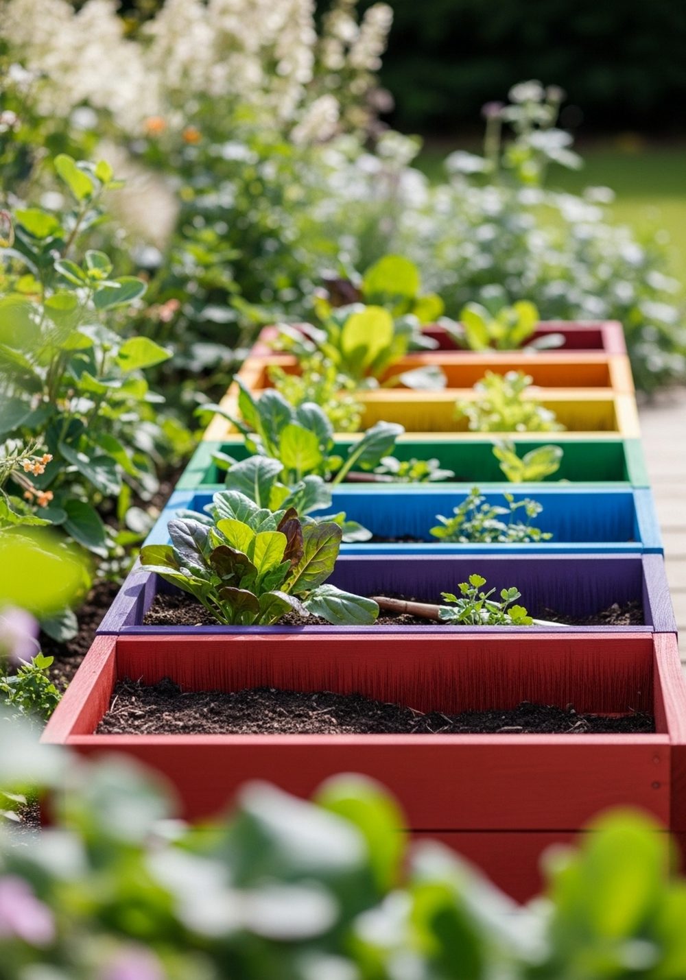 Color-Blocked Raised Beds In Rainbow Order