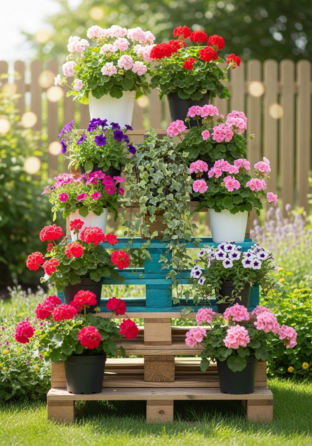 Colorful Pallet Flower Ladder Display