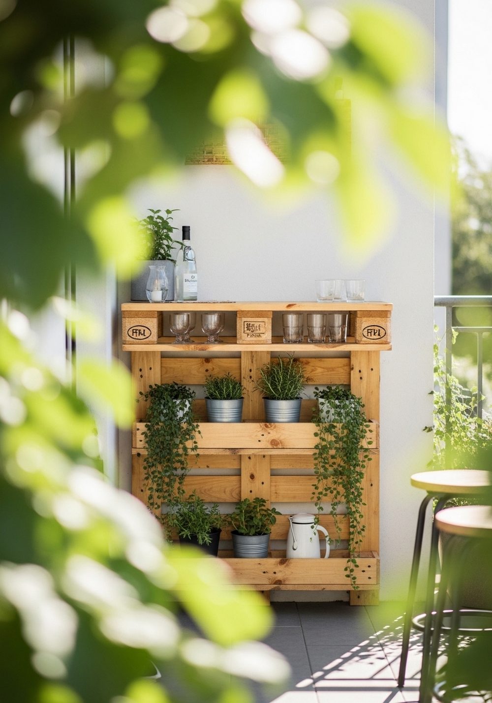 Compact Pallet Bar With Plant Storage