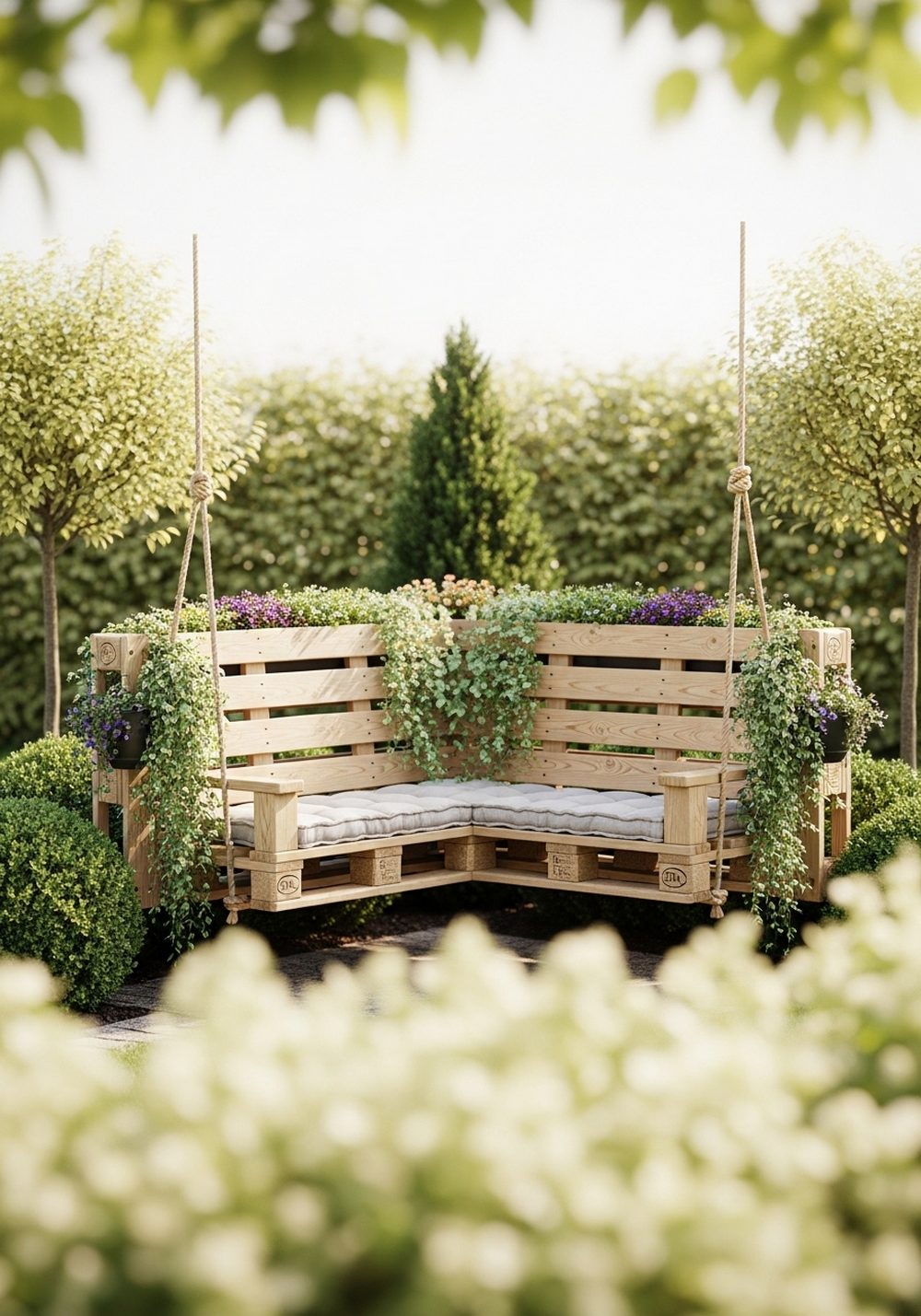 Corner Pallet Swing Bench With Planter Sides