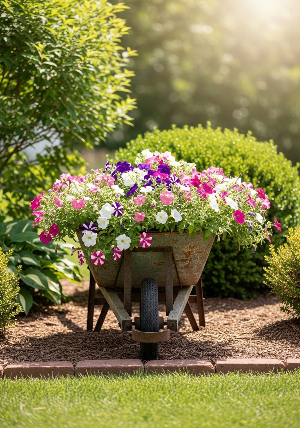 Cottage-Style Wheelbarrow With Overflowing Petunias