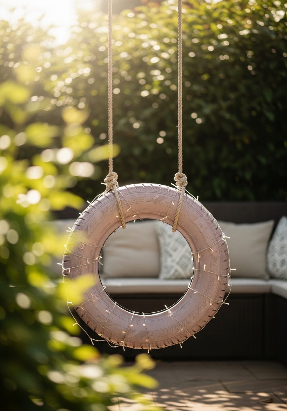 Fairy-Light Wrapped Evening-Ready Tire Swing