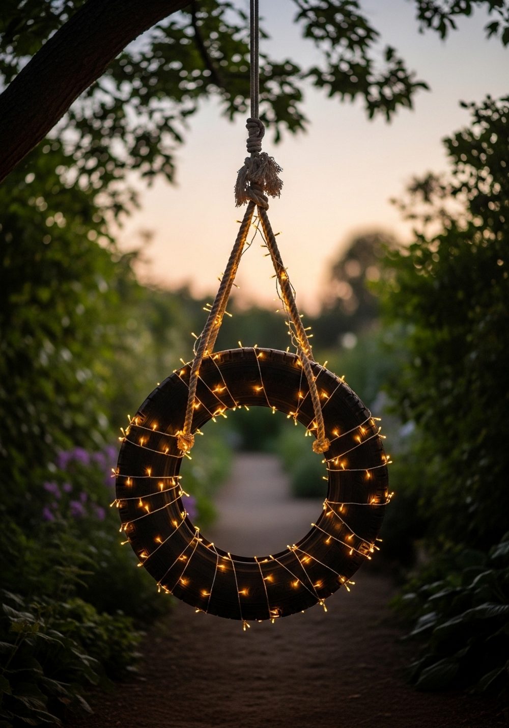 Fairy-Lit Evening Tire Swing