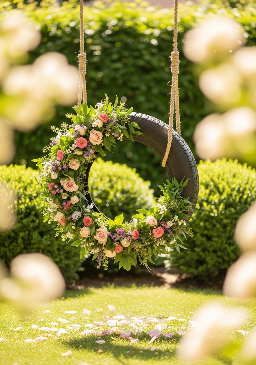 Floral Wreath Decorated Tire Swing