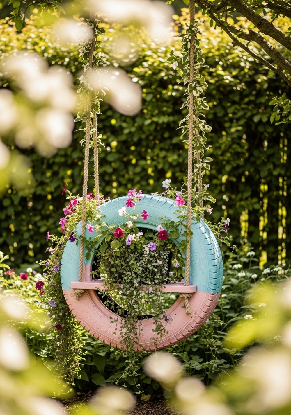 Flower-Filled Tire Swing Planter Seat